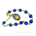 Womens Ladies 6MM Glass Bead Blue Enameled Gold Tone Miraculous Mary Rosary Bracelet